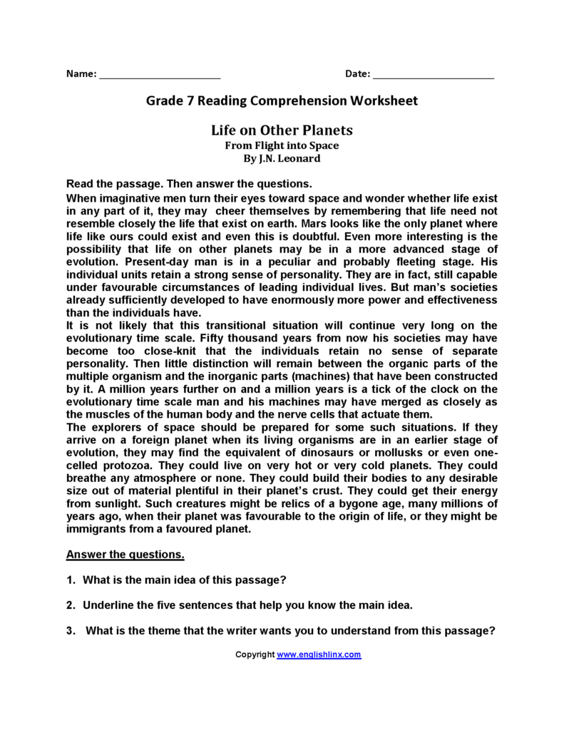 Printable Middle School 7th Grade Reading Worksheets - Reading ...