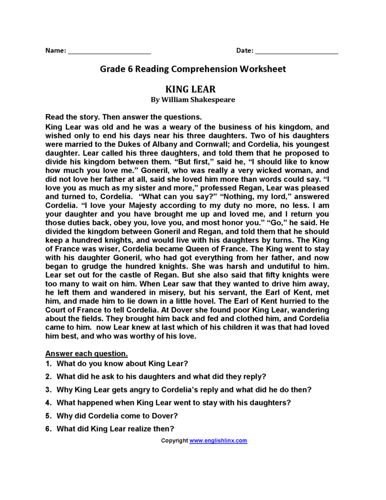 Free Printable Grade 6 Reading Comprehension Worksheets - Reading ...