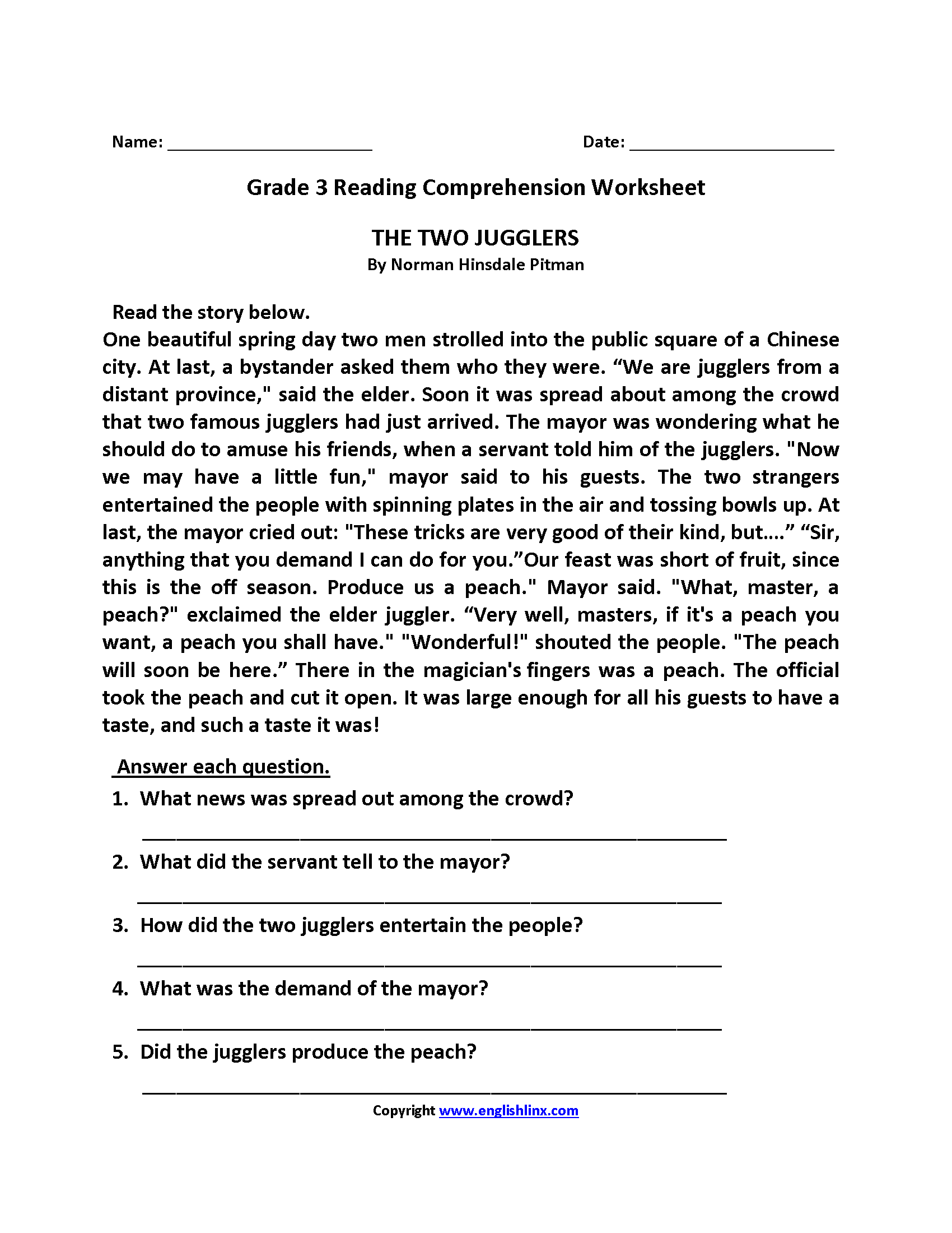 Printable Reading Comprehension Worksheets For Grade 3 Pdf