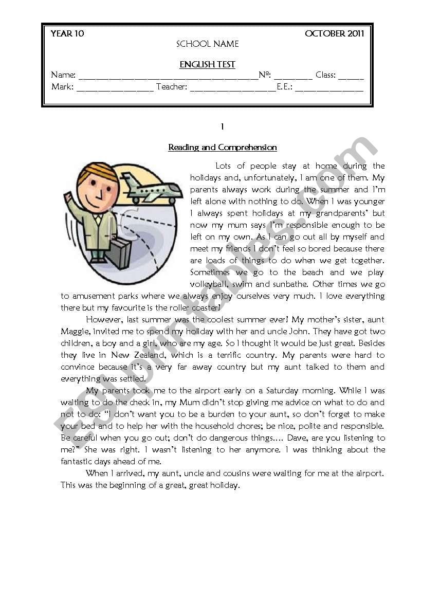 Reading And Comprehension Worksheets For Grade 10 Printable