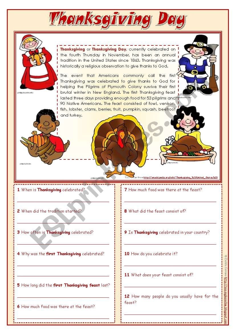 Thanksgiving Day Reading Comprehension editable ESL Worksheet By Zailda