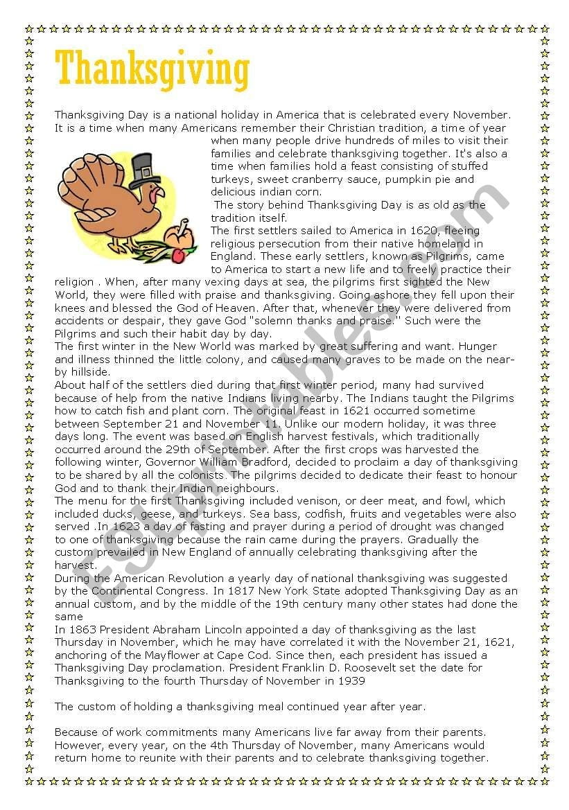 Thanksgiving Reading Comprehension Part 1 Of 3 text ESL Worksheet By Demeuter