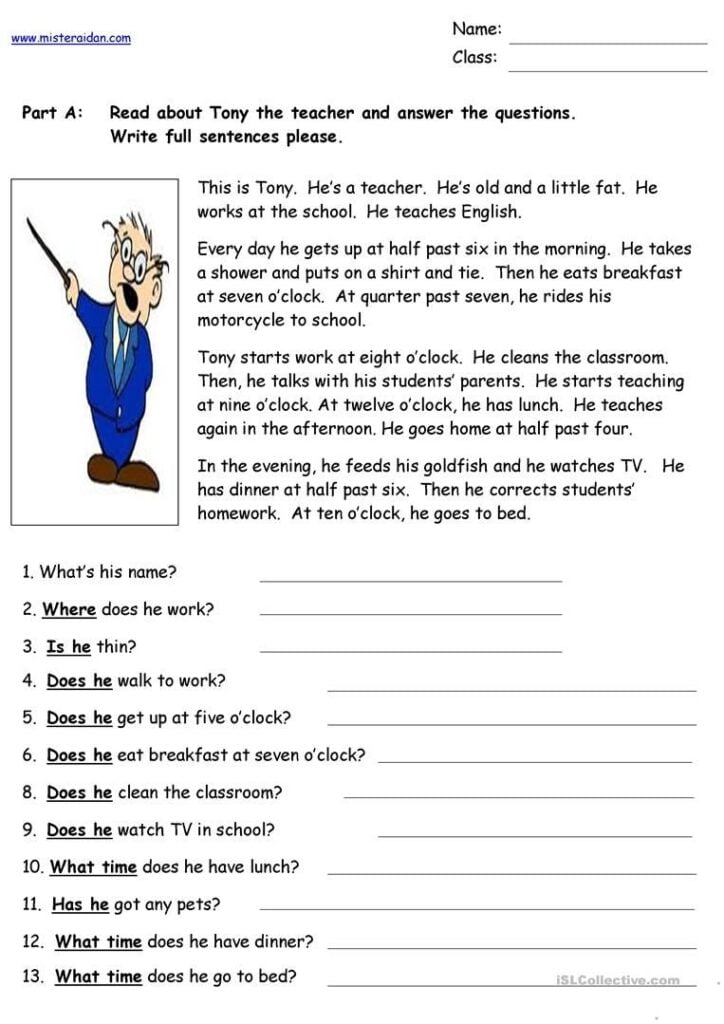 Tony The Teacher Reading Comprehension Worksheet Free ESL P Reading Comprehension Worksheets Free Reading Comprehension Worksheets Comprehension Worksheets