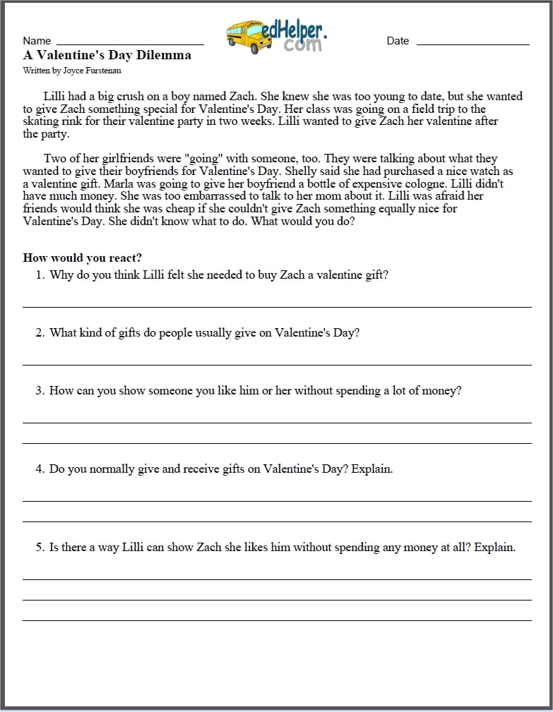 Free Printable Valentine Day Reading Comprehension Worksheets Reading Free Printable Valentine Day Reading Comprehension Worksheets Reading