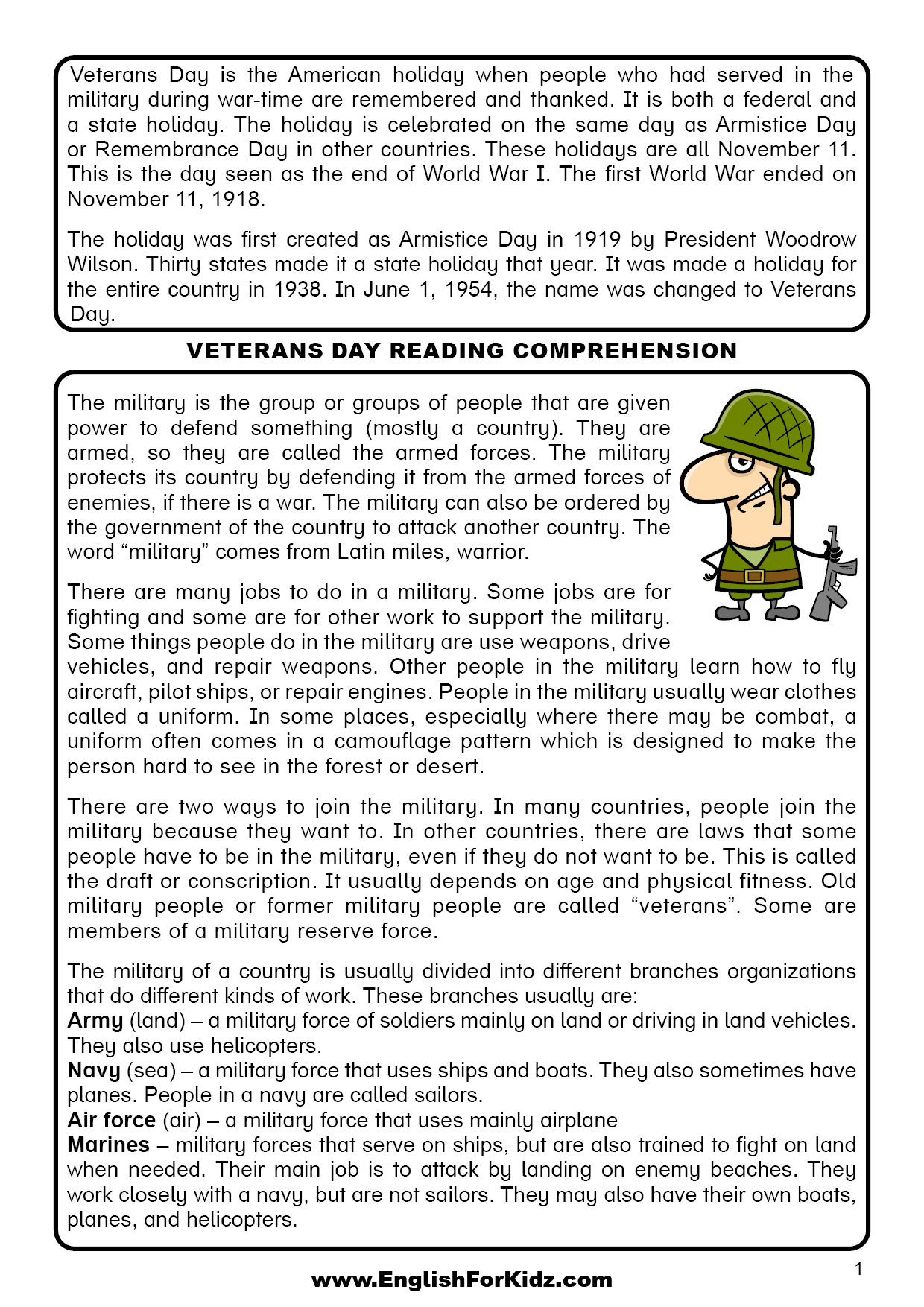 Veterans Day Reading Comprehension Free PDF 