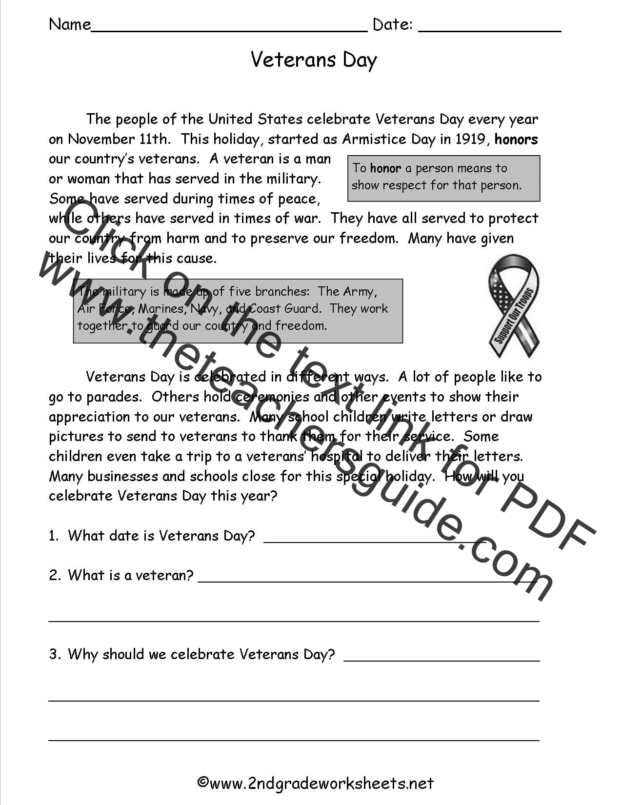 Free Printable Veterans Day Reading Comprehension Worksheets