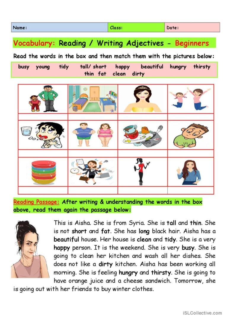 Vocabulary Reading Writing Adje English ESL Worksheets Pdf Doc