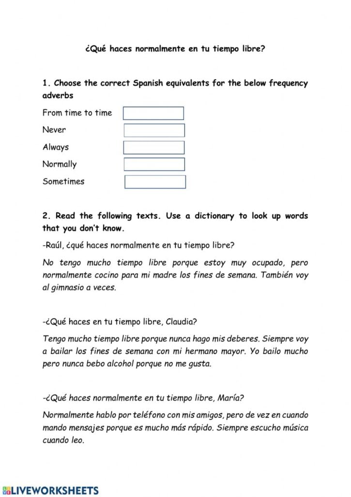 What Do You Normally Do In Your Spare Time Spanish Reading Comprehension Worksheet