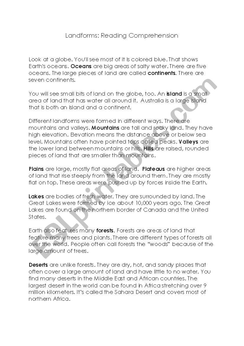 Landforms Reading Comprehension ESL Worksheet By Misstanya