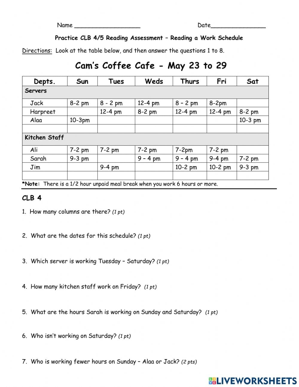 Reading Work Schedule Worksheet