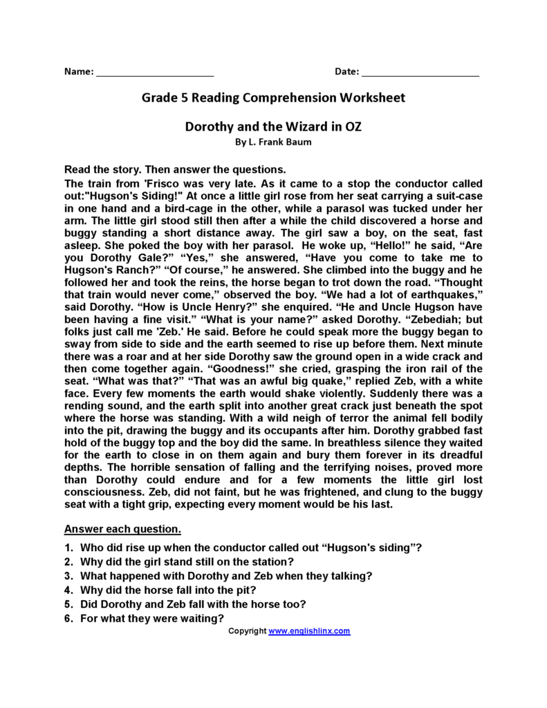 Free Printable Worksheets Reading Comprehension 5th Grade - Reading ...