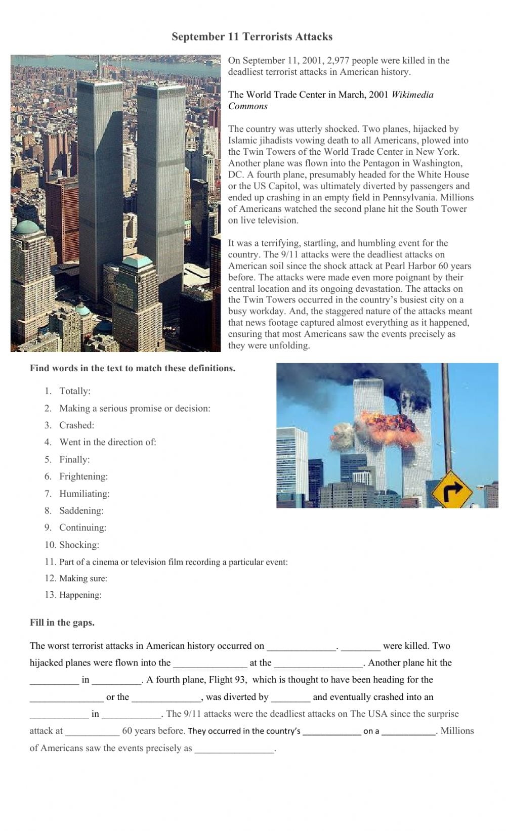 September 11 Terrorist Attacks Worksheet