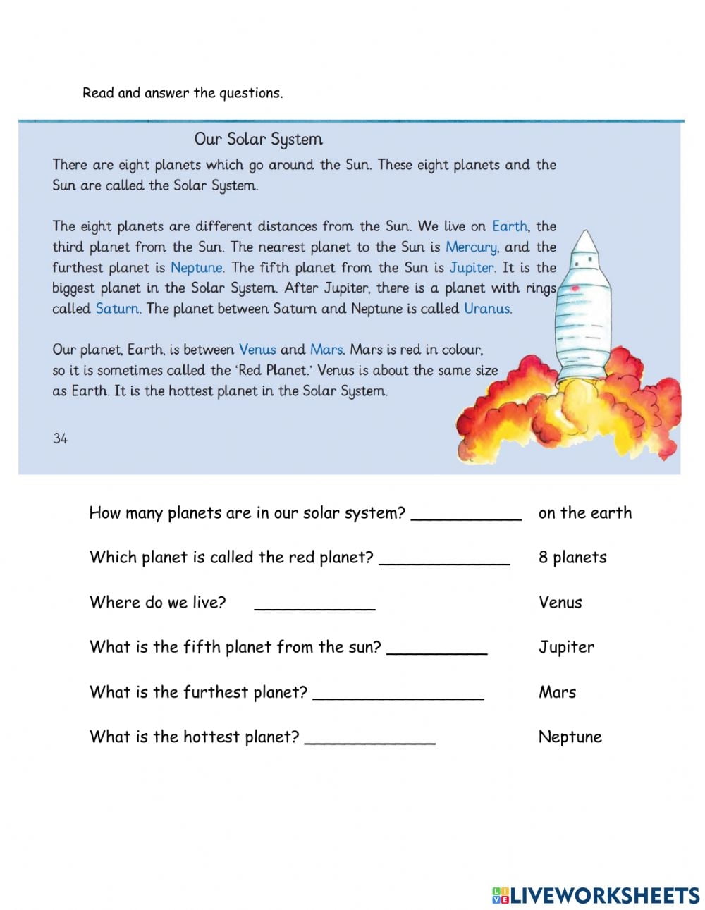 Solar System Reading Comprehension Worksheets Pdf