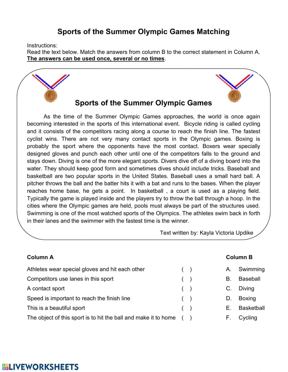Summer Olympics Worksheet