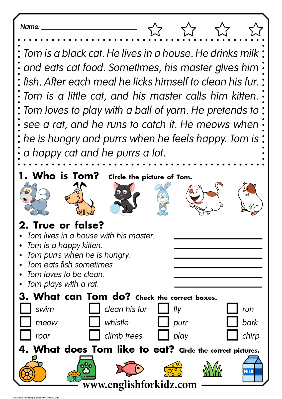 English For Kids Step By Step Reading Comprehension Worksheets Thomas The Cat