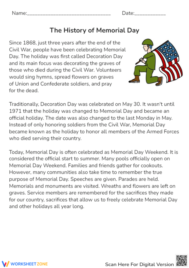 Grade 4 Memorial Day Reading Comprehension PDF Worksheets 2024