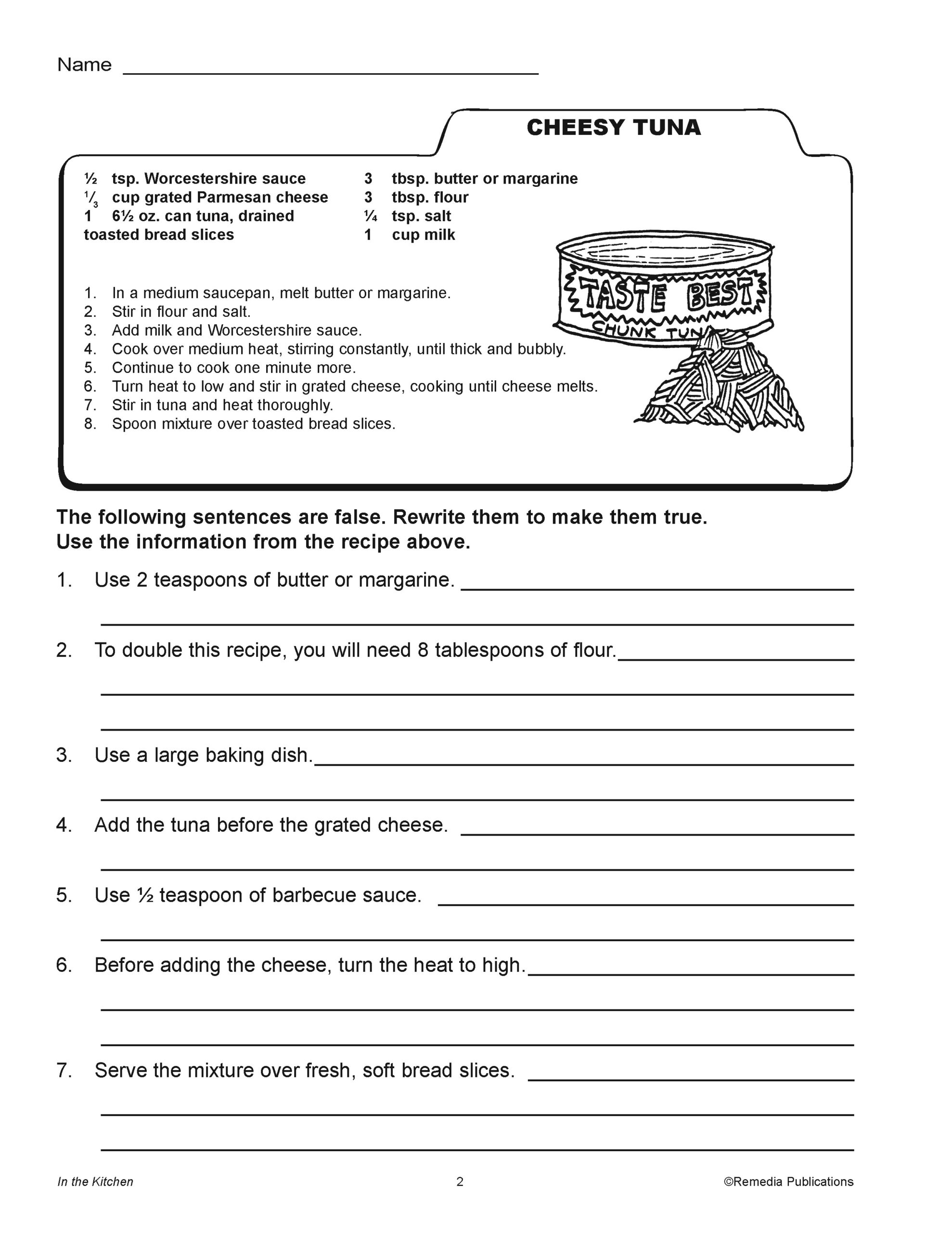 Free Printable Reading A Recipe Worksheet