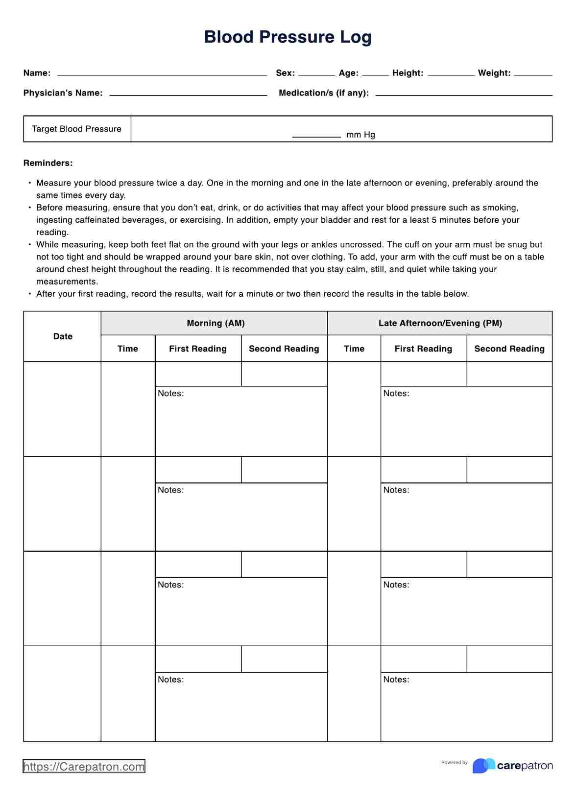 Printable Blood Pressure Log Sheet Example Free PDF Download