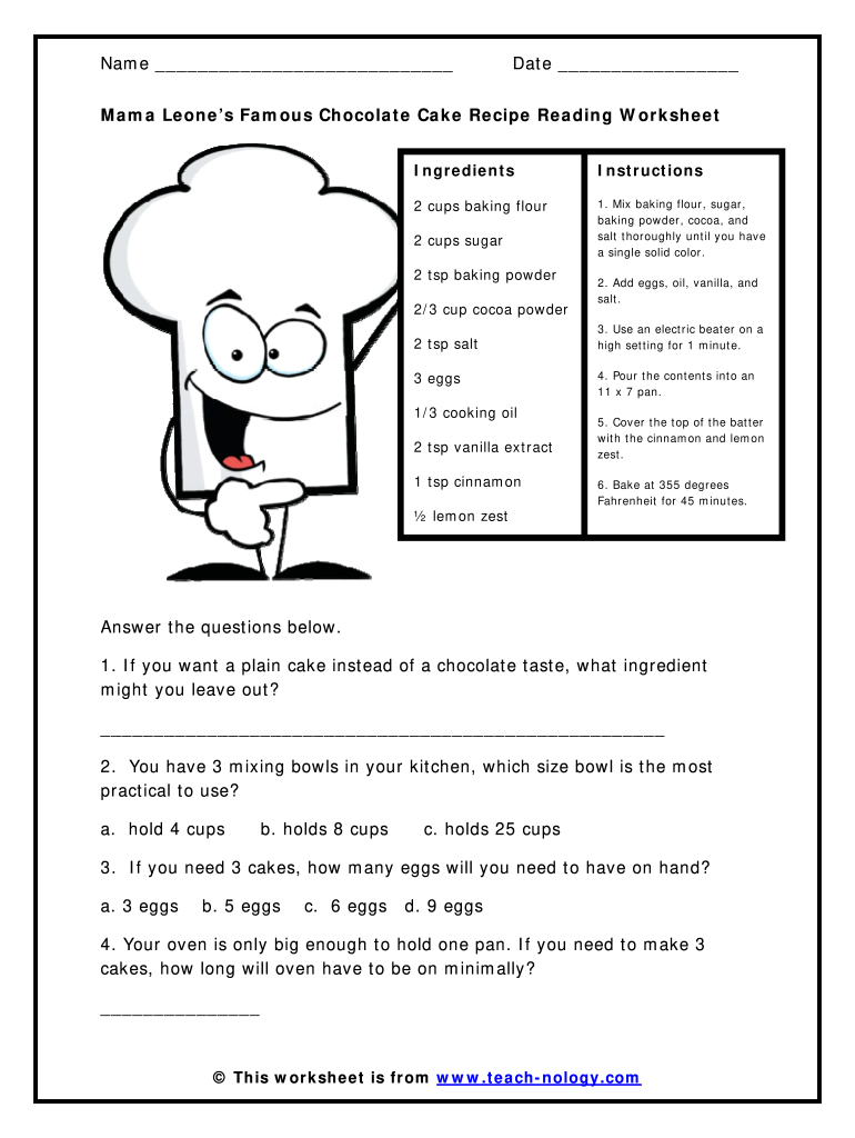 Reading A Recipe Worksheet Pdf Fill Online Printable Fillable Blank PdfFiller