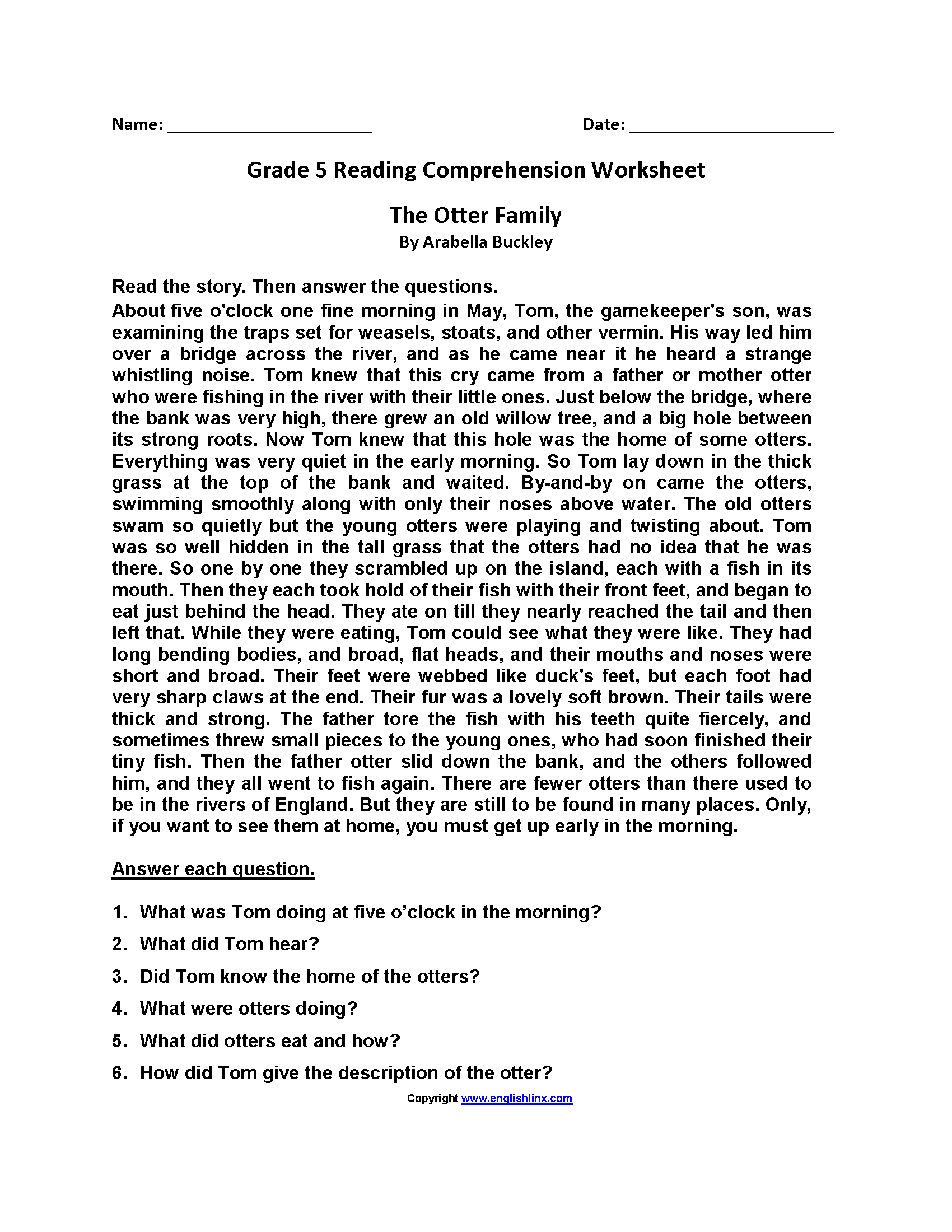 Reading Worksheets Fifth Grade Reading Worksheets