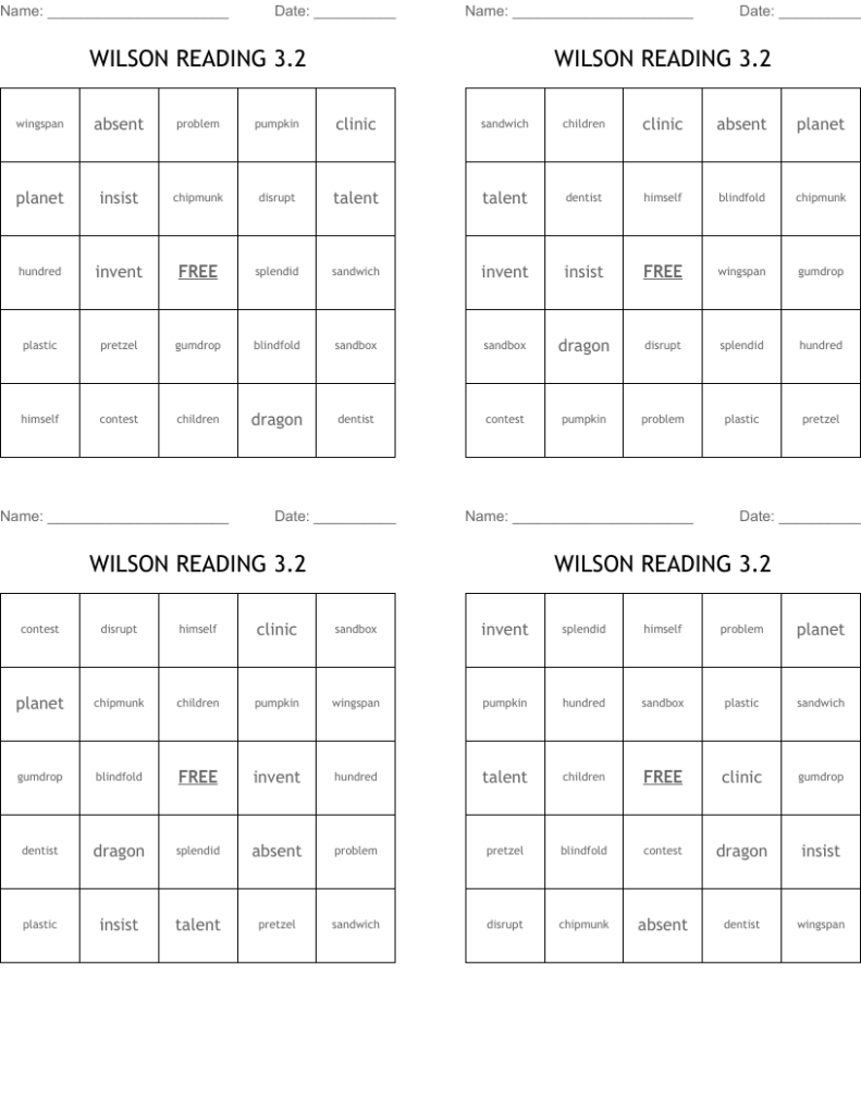 WILSON READING 3 2 Bingo Cards WordMint